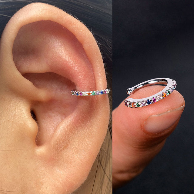 1Pc Hollow Geometry Rainbow CZ Cuff Wrap Clip On Earrings Women Girls Climber Ear Cartilage Bone Clips Fake Earring Non Piercing