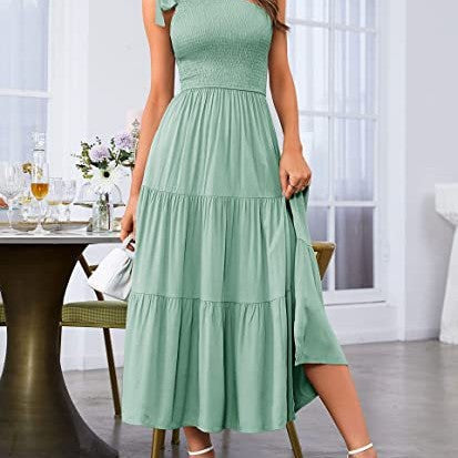 2023 New Summer Fashion Women's One-shoulder Pleated Layered Hem Split Dress